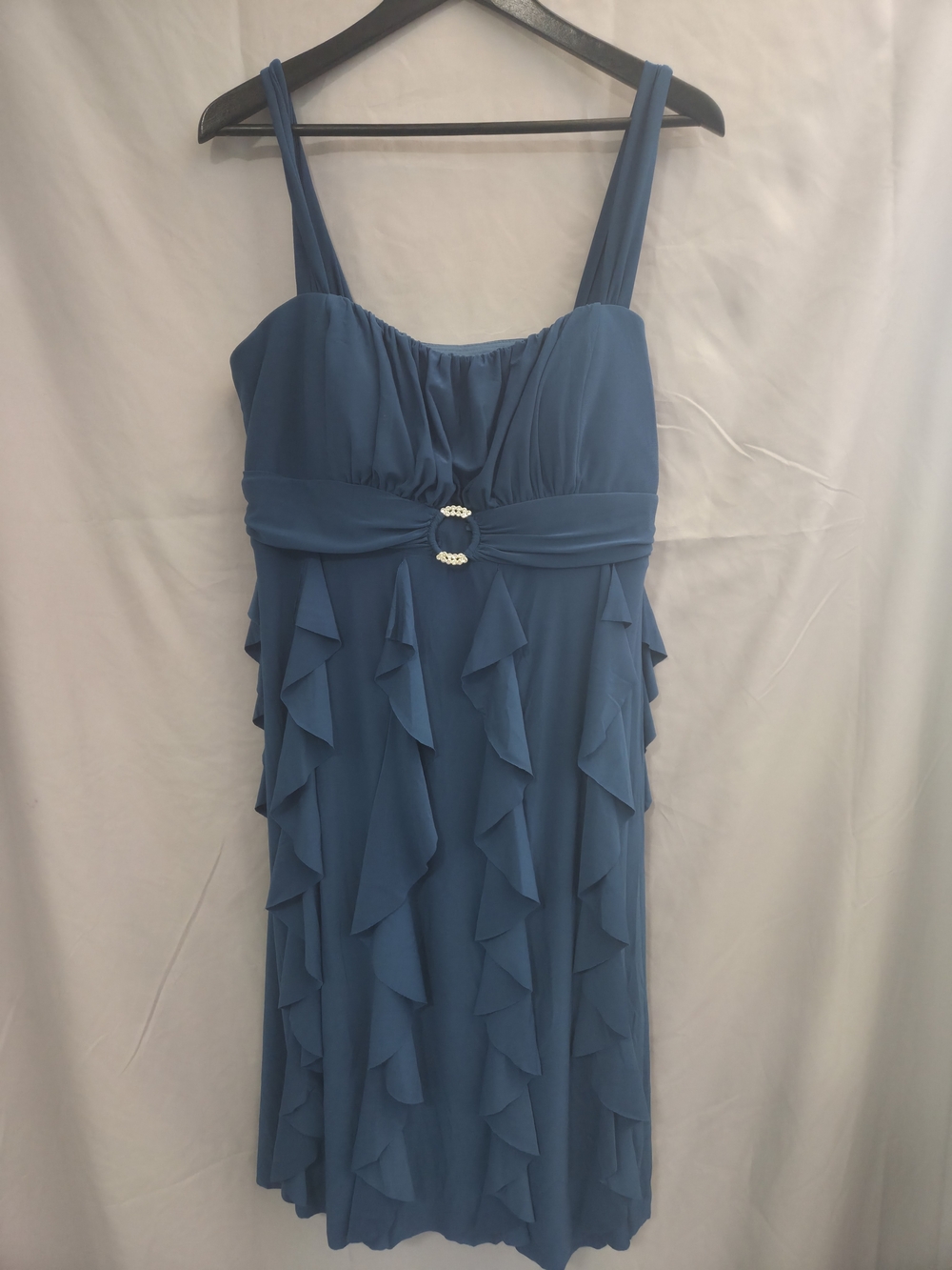 Betsy & Adam Teal Blue Ruffle Midi Dress with Buckle Detail